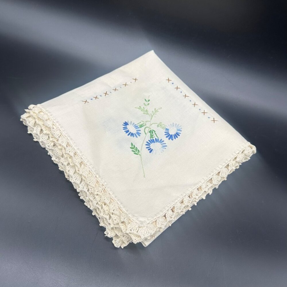 Handmade Embroidered Tablecloth Floral Crocheted Trim Cream Blue Pink Small
